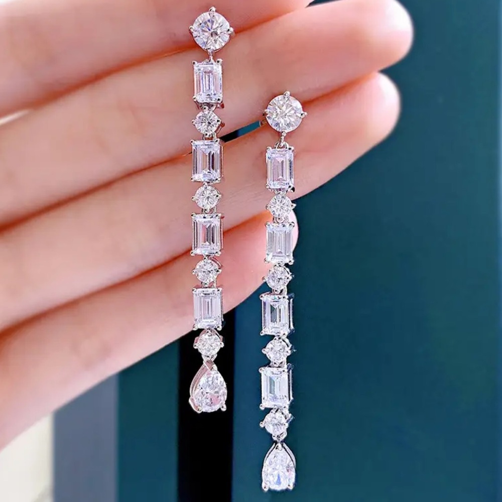 Long Silver Zircon Dangle Earrings - Picture 5 of 7